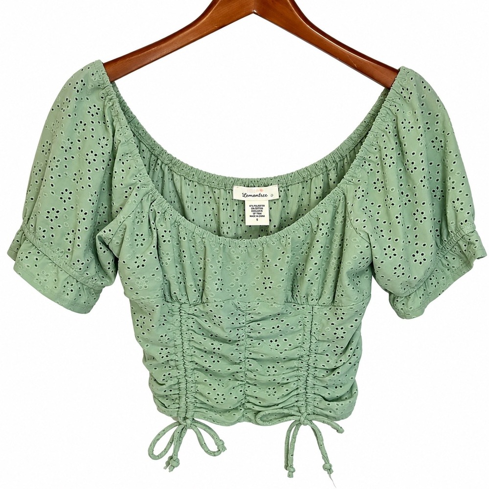 Urban Romantics Sage Green Eyelet Ruched Milkmaid Crop Top Smocked Back Large